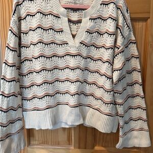 Marled Cream and Black V-Neck Sweater